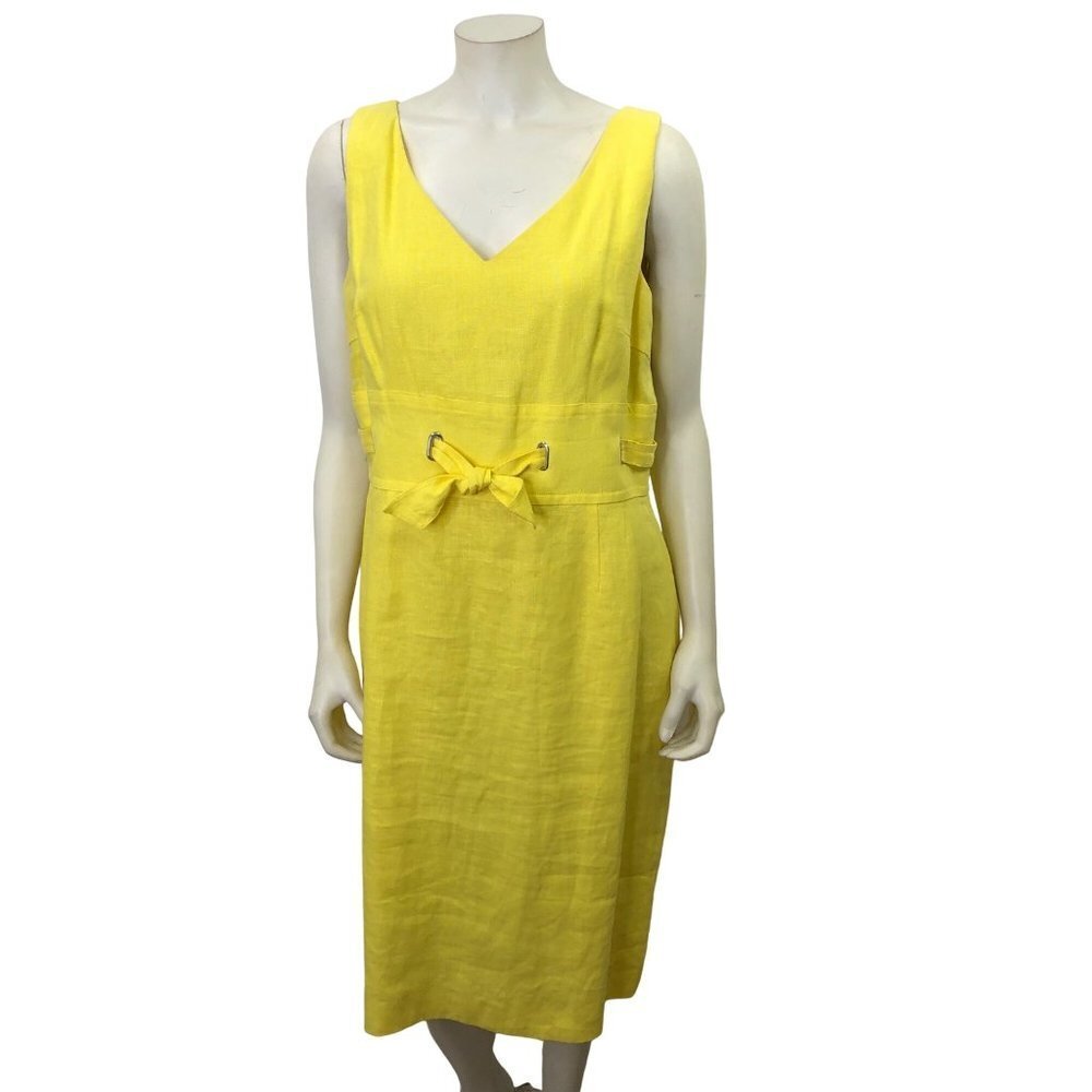 DONNA MORGAN 100% LINEN YELLOW V‎ NECK SHEATH DRESS SIZE 14